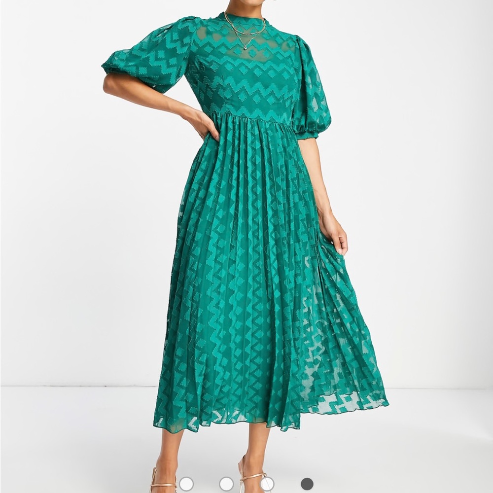 ASOS high neck pleated chevron dobby midi dress w/ puff sleeve in forest green